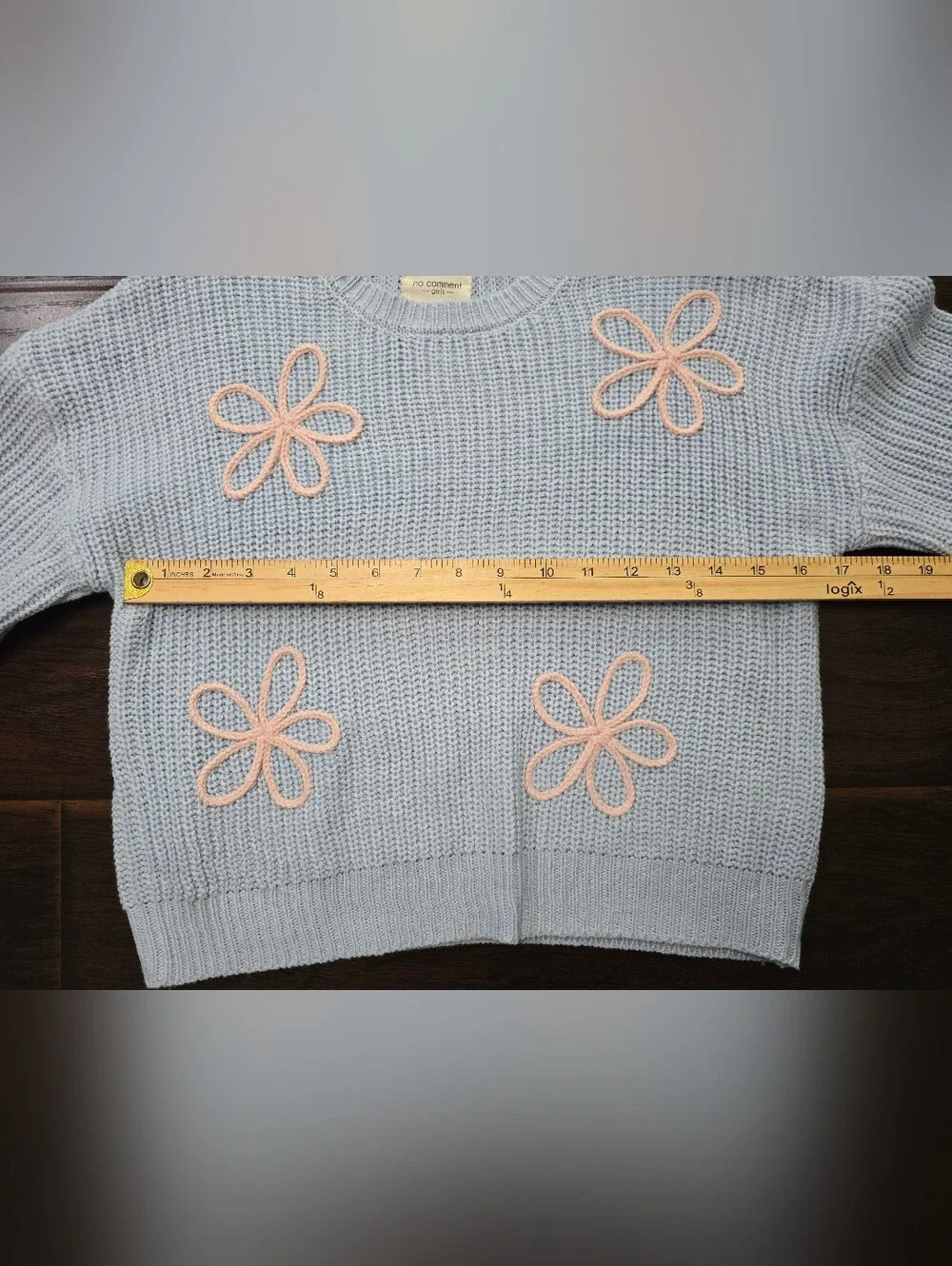 No Comment Girls Blue with Pink Flowers Knit Pullover Sweater XL